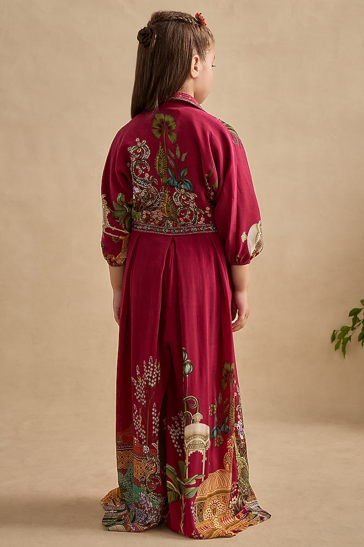 Magenta Crepe Embroidered Jumpsuit For Girls by Kalista kids at Pernia's Pop Up Shop