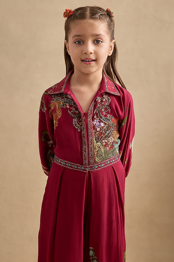 Magenta Crepe Embroidered Jumpsuit For Girls by Kalista kids at Pernia's Pop Up Shop