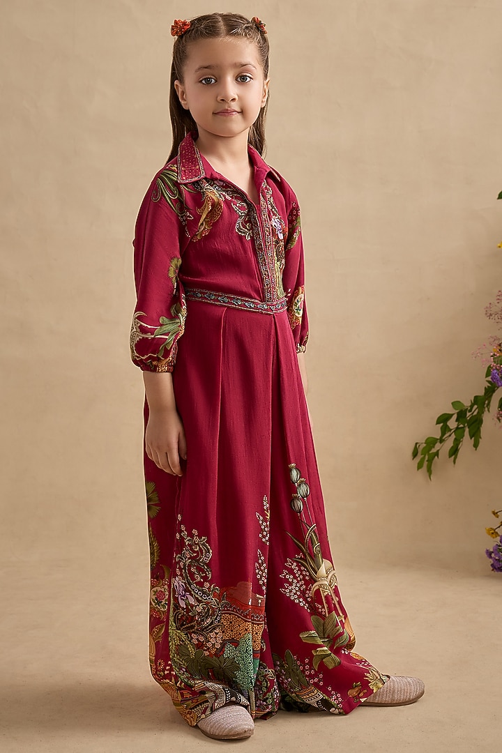 Magenta Crepe Embroidered Jumpsuit For Girls by Kalista kids at Pernia's Pop Up Shop