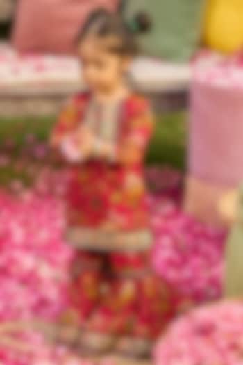 Crimson Red Viscose Georgette Floral Gharara Set For Girls by Kalista kids at Pernia's Pop Up Shop
