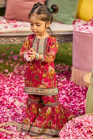 Crimson Red Viscose Georgette Floral Gharara Set For Girls by Kalista kids