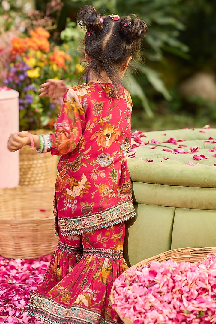 Crimson Red Viscose Georgette Floral Gharara Set For Girls by Kalista kids at Pernia's Pop Up Shop