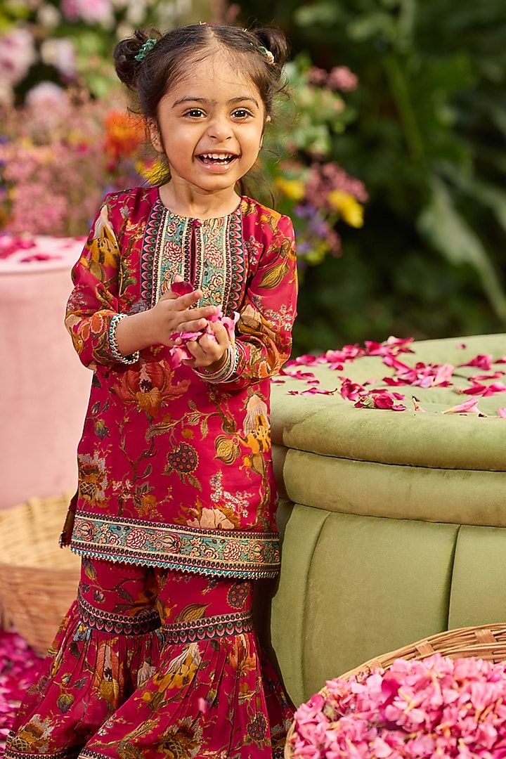 Crimson Red Viscose Georgette Floral Gharara Set For Girls by Kalista kids at Pernia's Pop Up Shop