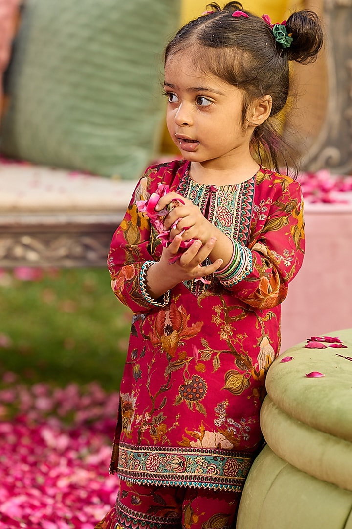 Crimson Red Viscose Georgette Floral Gharara Set For Girls by Kalista kids at Pernia's Pop Up Shop
