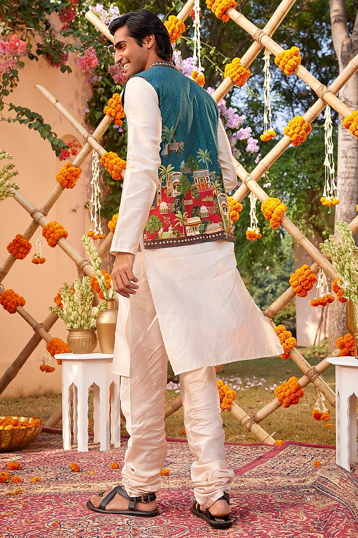 Teal Blue Raw Silk & Chanderi Printed Bundi Jacket Set by Kalista Men at Pernia's Pop Up Shop