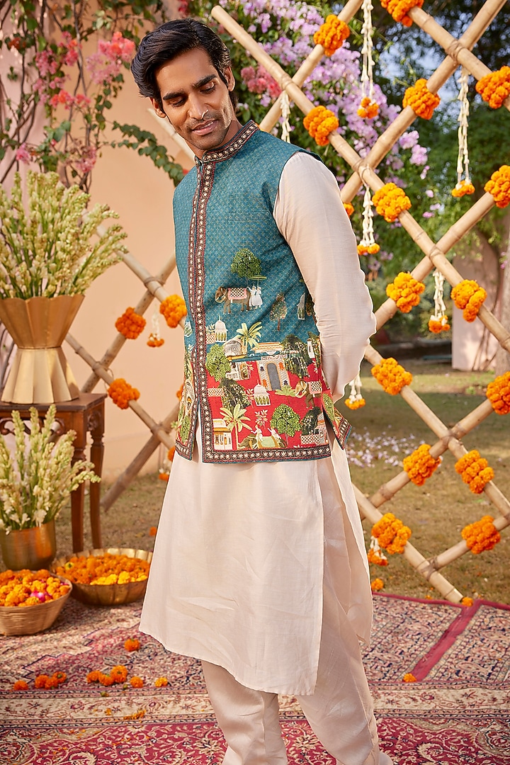 Teal Blue Raw Silk & Chanderi Printed Bundi Jacket Set by Kalista Men at Pernia's Pop Up Shop