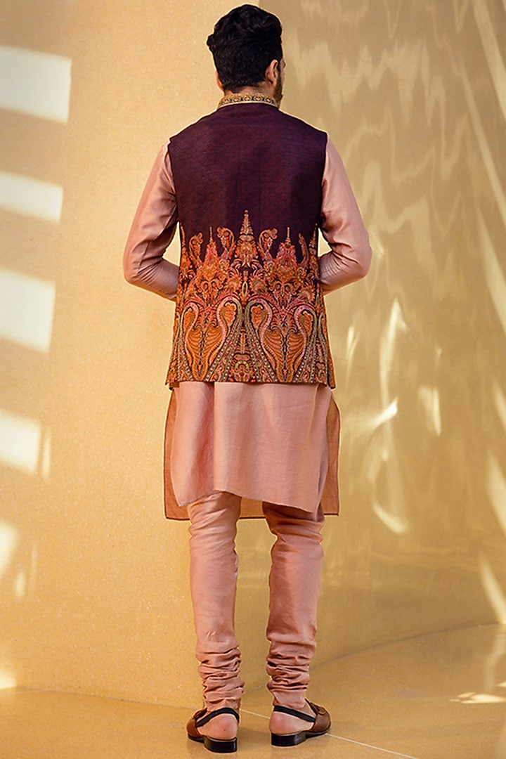 Wine Natural Silk Bundi Jacket Set by Kalista Men at Pernia's Pop Up Shop