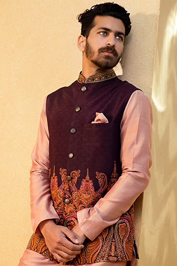 Wine Natural Silk Bundi Jacket Set by Kalista Men at Pernia's Pop Up Shop
