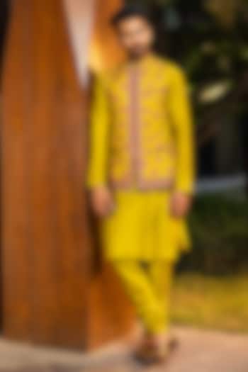 Lime Kurta Set With Bundi Jacket by Kalista Men