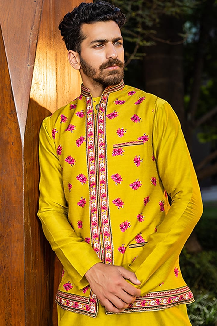 Mustard Natural Silk Bundi Jacket Set by Kalista Men at Pernia's Pop Up Shop
