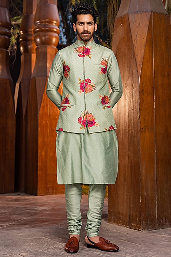 Mint Green Kurta Set With Bundi Jacket by Kalista Men at Pernia's Pop Up Shop