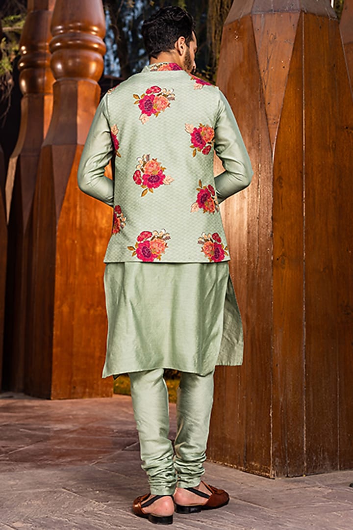 Mint Green Natural Silk Bundi Jacket Set by Kalista Men at Pernia's Pop Up Shop