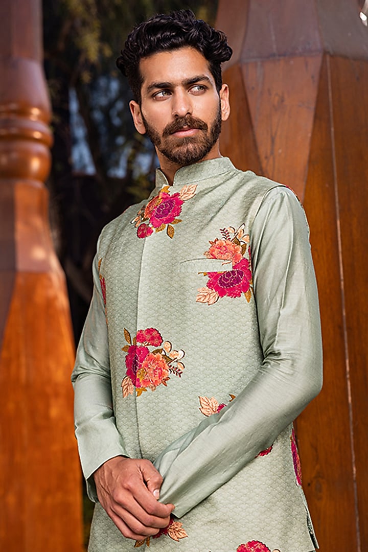 Mint Green Natural Silk Bundi Jacket Set by Kalista Men at Pernia's Pop Up Shop