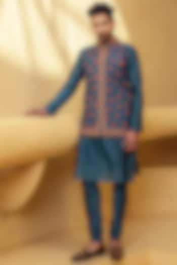 Teal Blue Kurta Set With Bundi Jacket by Kalista Men