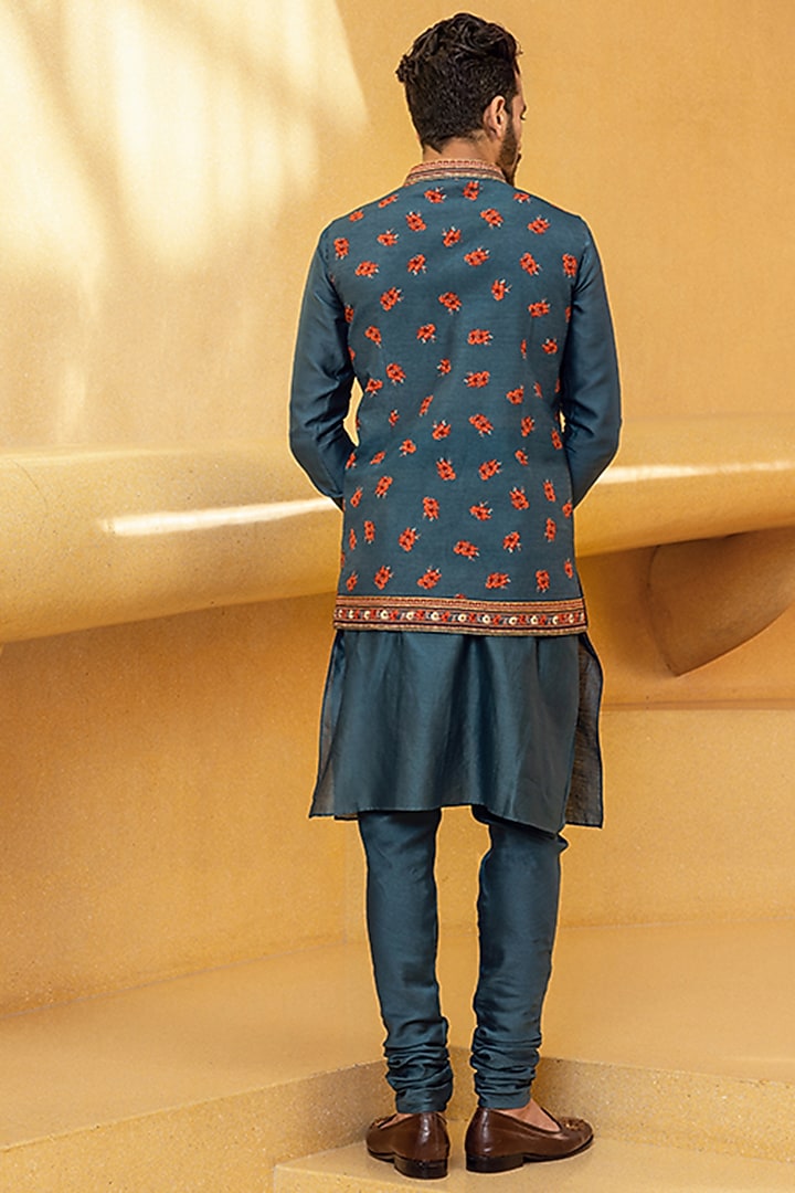 Teal Blue Natural Silk Bundi Jacket Set by Kalista Men at Pernia's Pop Up Shop