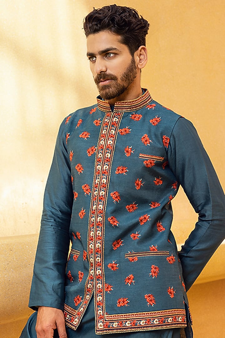 Teal Blue Natural Silk Bundi Jacket Set by Kalista Men at Pernia's Pop Up Shop