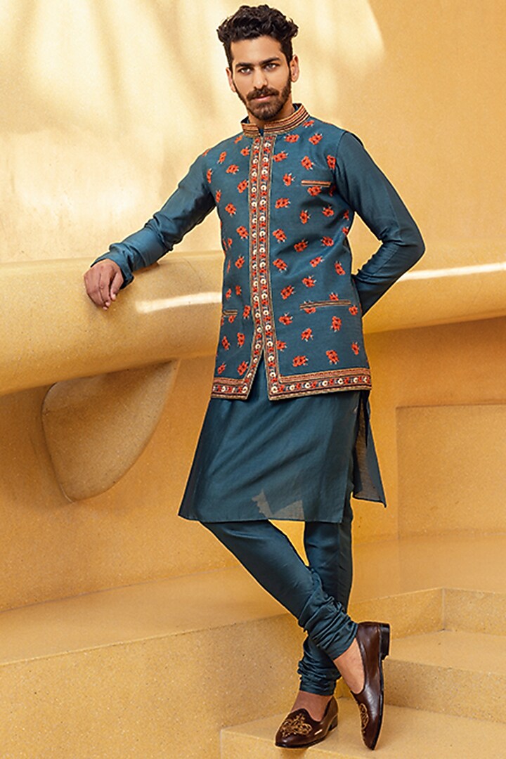 Teal Blue Natural Silk Bundi Jacket Set by Kalista Men at Pernia's Pop Up Shop