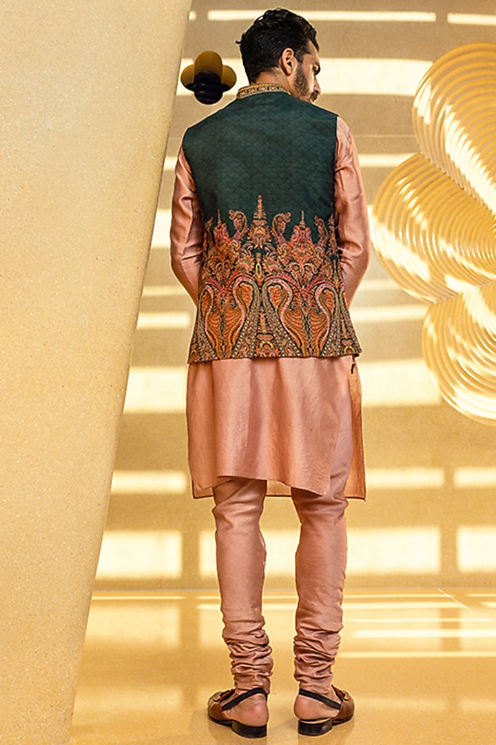 Forest Green Natural Silk Bundi Jacket Set by Kalista Men at Pernia's Pop Up Shop