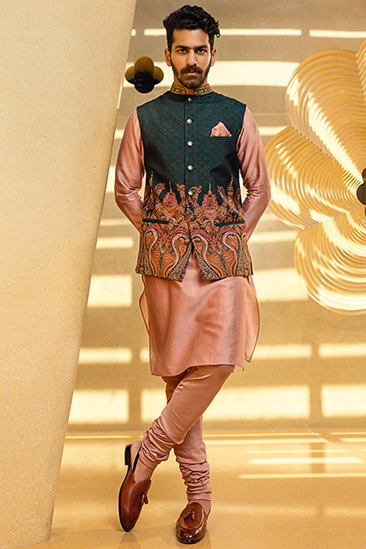 Forest Green Natural Silk Bundi Jacket Set by Kalista Men at Pernia's Pop Up Shop