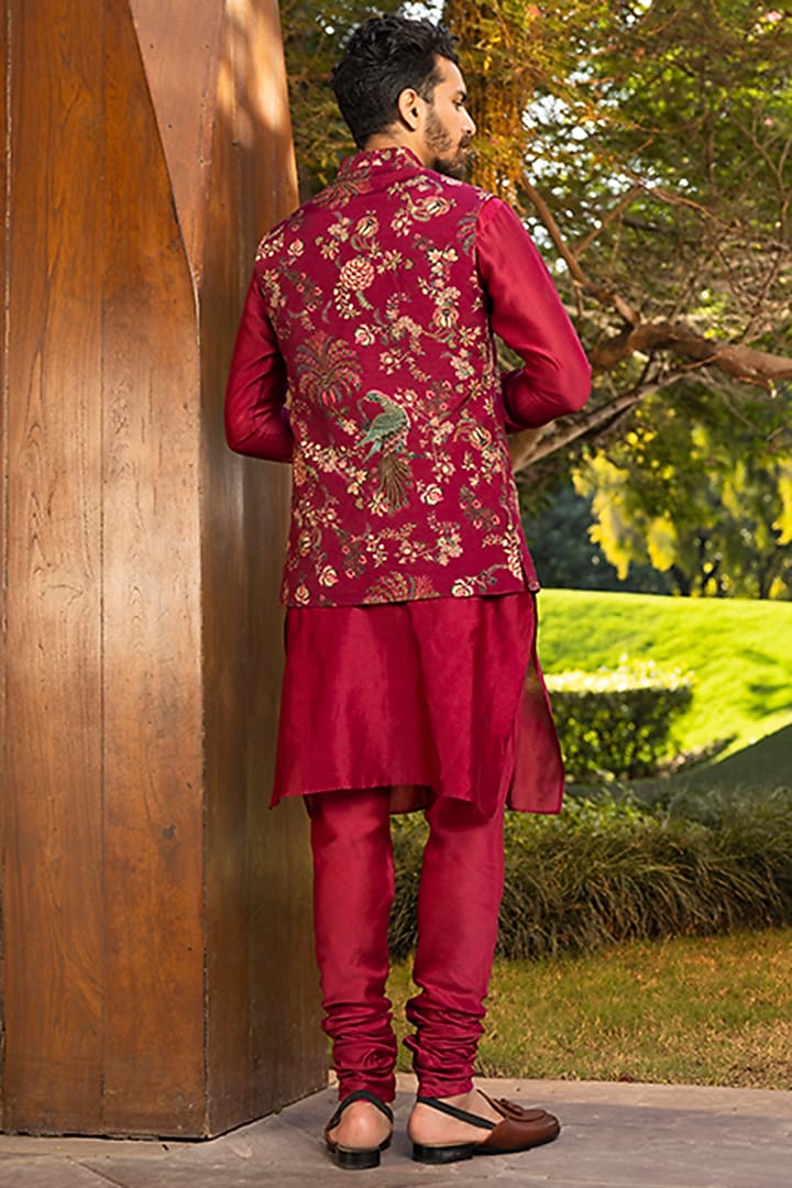 Burgundy Natural Silk Bundi Jacket Set by Kalista Men at Pernia's Pop Up Shop