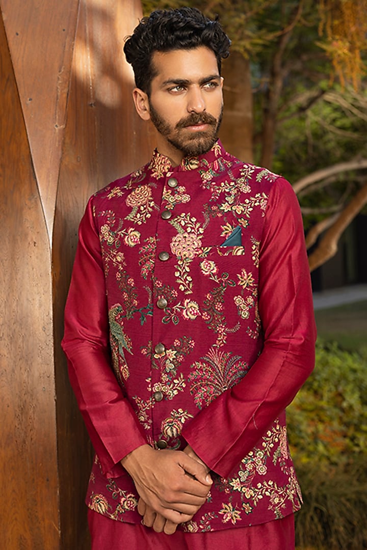 Burgundy Natural Silk Bundi Jacket Set by Kalista Men at Pernia's Pop Up Shop
