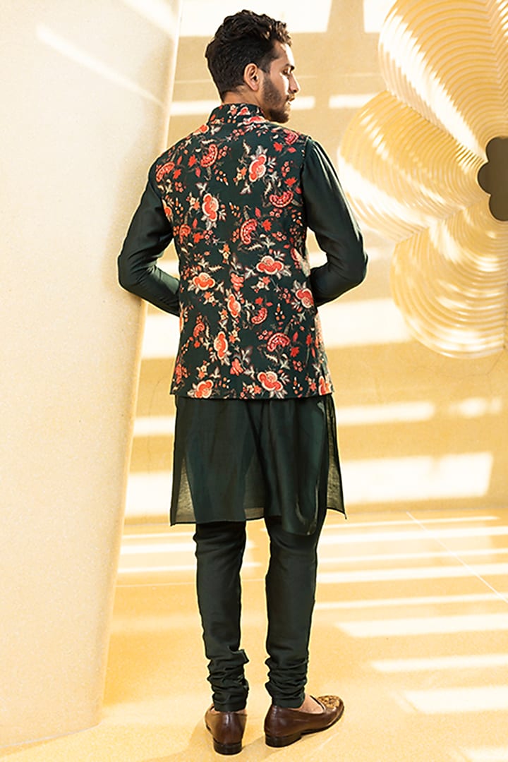 Bottle Green Natural Silk Bundi Jacket Set by Kalista Men at Pernia's Pop Up Shop