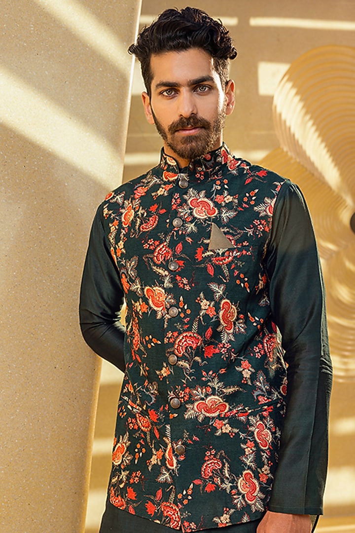 Bottle Green Natural Silk Bundi Jacket Set by Kalista Men at Pernia's Pop Up Shop