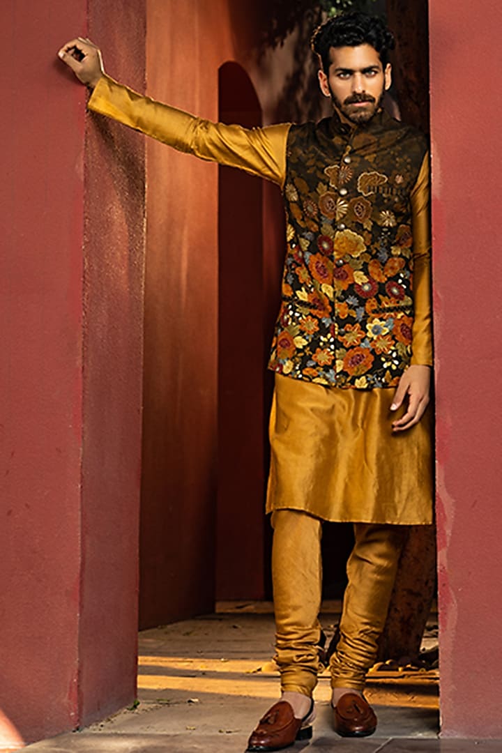 Mustard Kurta Set With Brown Bundi Jacket by Kalista Men