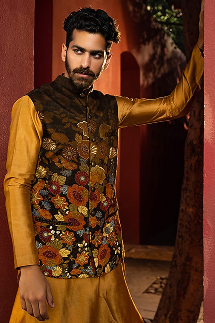 Brown Natural Silk Bundi Jacket Set by Kalista Men at Pernia's Pop Up Shop