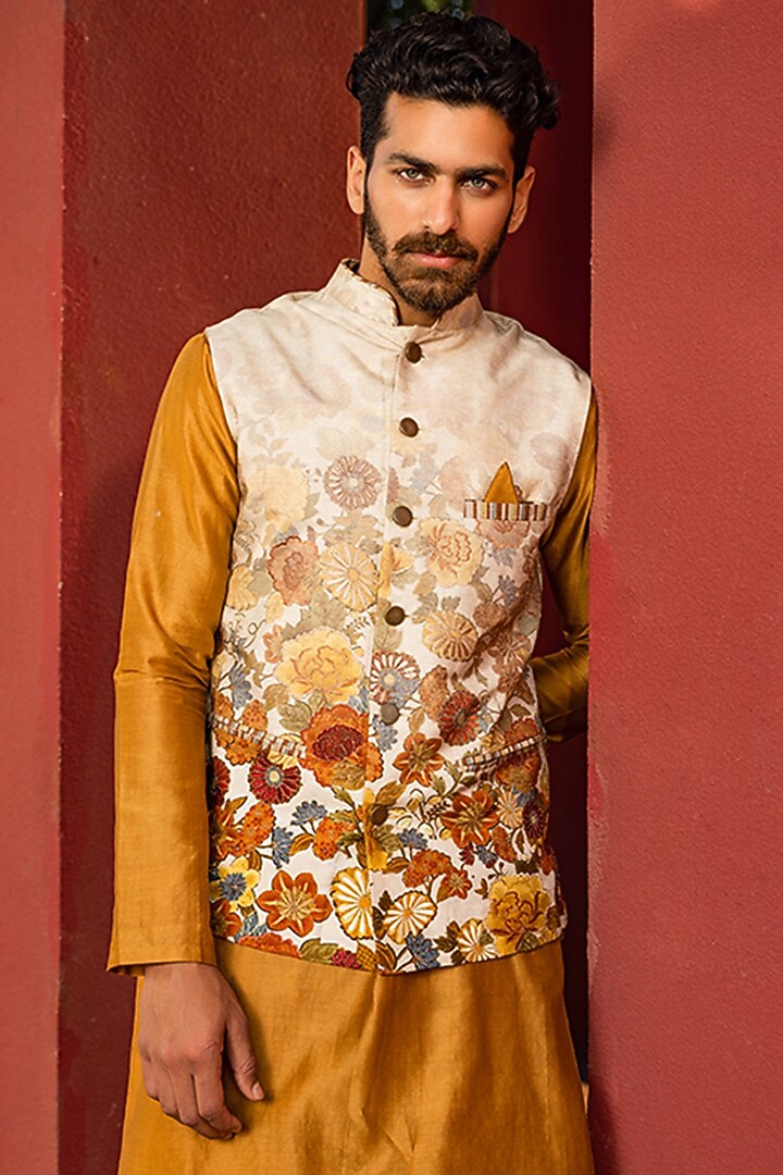 Cream Natural Silk Bundi Jacket Set by Kalista Men at Pernia's Pop Up Shop