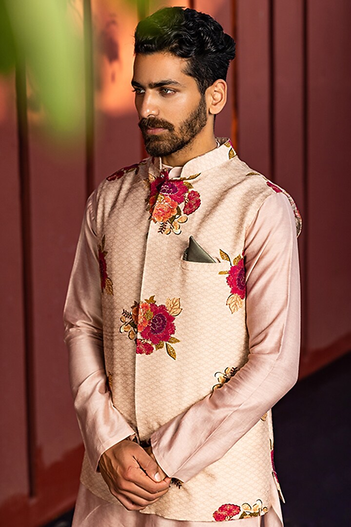 Blush Pink Natural Silk Bundi Jacket Set by Kalista Men at Pernia's Pop Up Shop