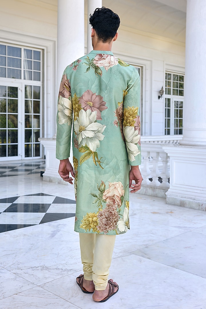Sage Green Chanderi Floral Kurta Set by Kalista Men at Pernia's Pop Up Shop