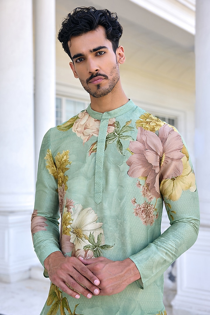 Sage Green Chanderi Floral Kurta Set by Kalista Men at Pernia's Pop Up Shop