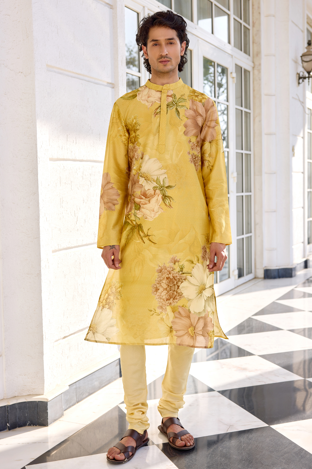 Yellow Chanderi Floral Kurta Set by Kalista Men