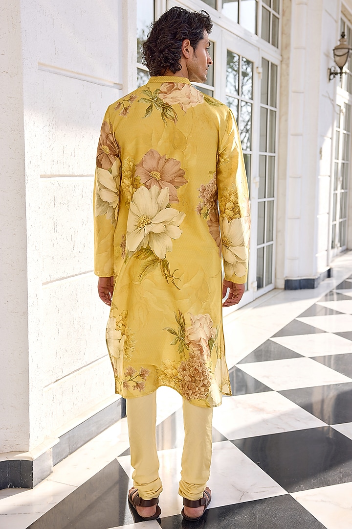 Yellow Chanderi Floral Kurta Set by Kalista Men at Pernia's Pop Up Shop