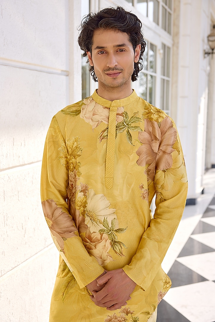 Yellow Chanderi Floral Kurta Set by Kalista Men at Pernia's Pop Up Shop