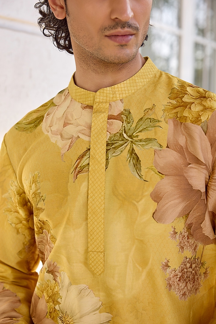 Yellow Chanderi Floral Kurta Set by Kalista Men at Pernia's Pop Up Shop