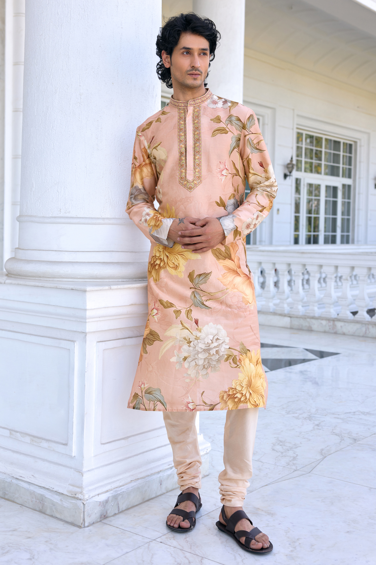 Peach Chanderi Floral Kurta Set by Kalista Men