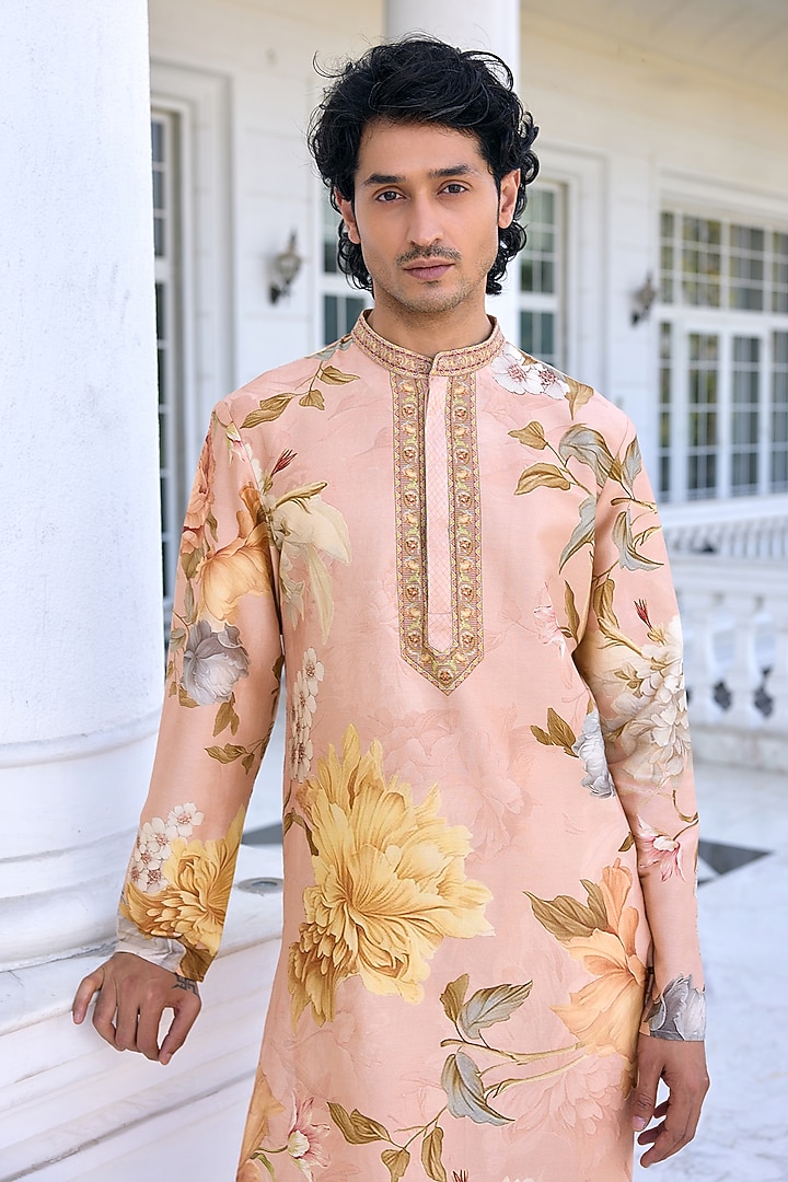 Peach Chanderi Floral Kurta Set by Kalista Men at Pernia's Pop Up Shop