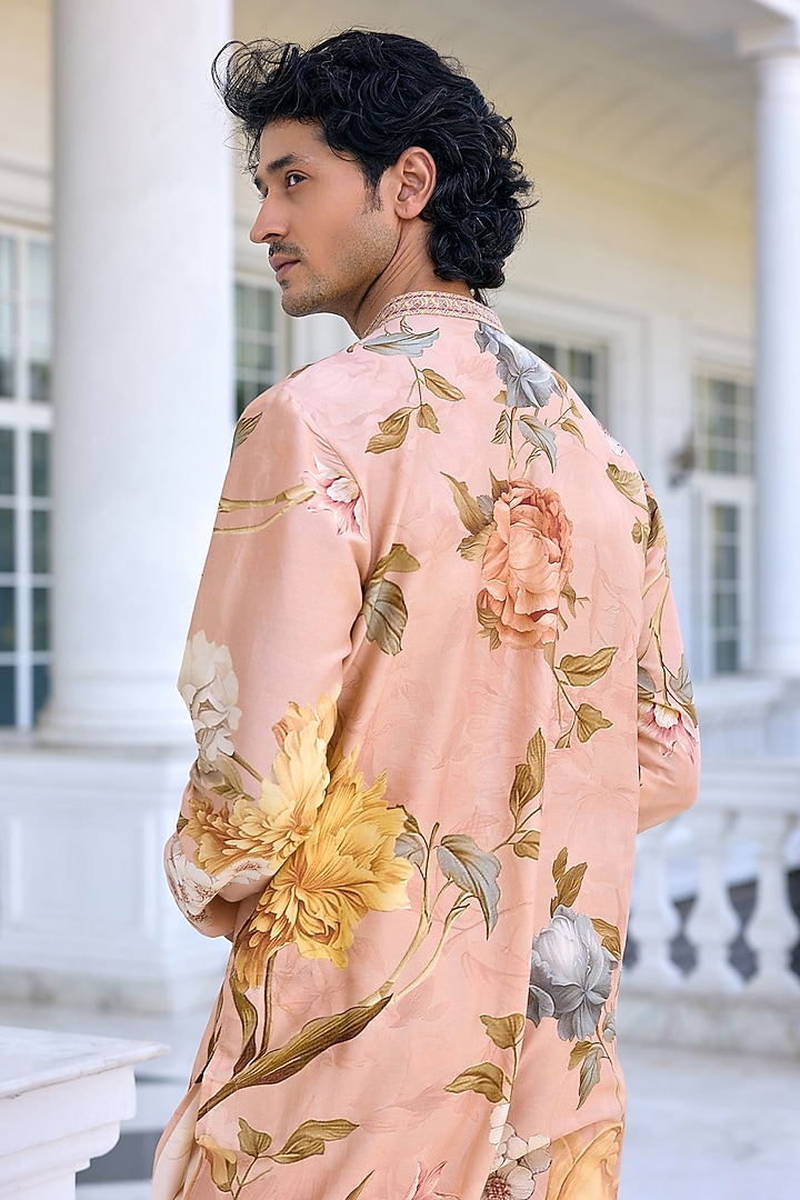 Peach Chanderi Floral Kurta Set by Kalista Men at Pernia's Pop Up Shop
