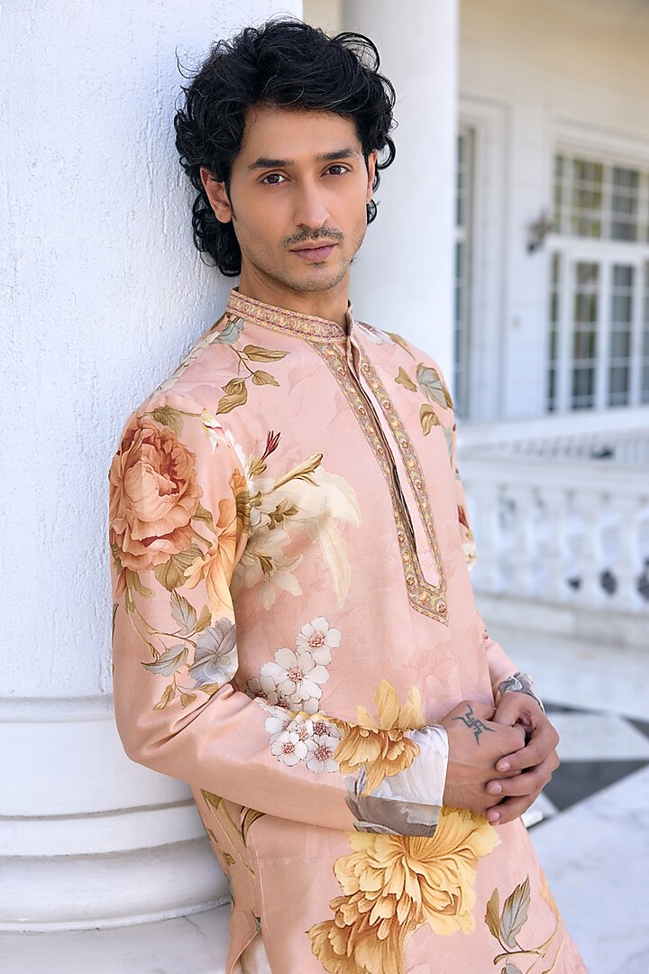 Peach Chanderi Floral Kurta Set by Kalista Men at Pernia's Pop Up Shop