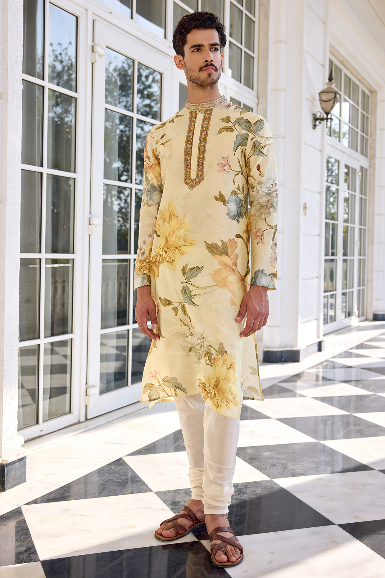 Ivory Chanderi Floral Kurta Set by Kalista Men