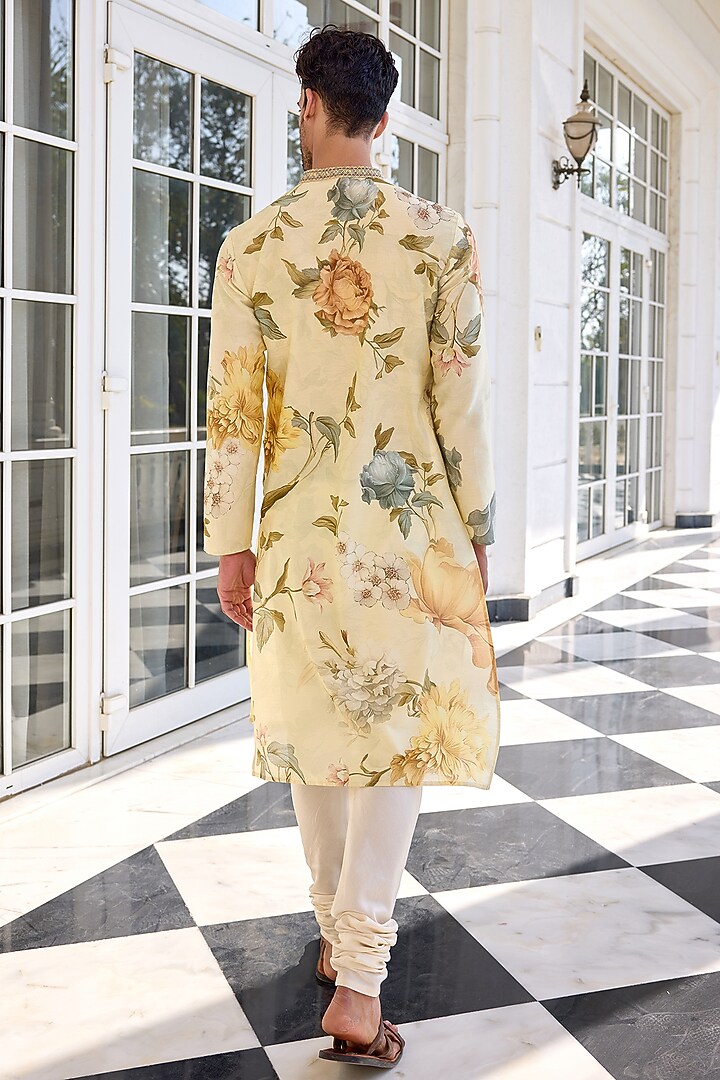 Ivory Chanderi Floral Kurta Set by Kalista Men at Pernia's Pop Up Shop
