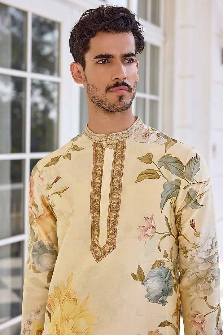 Ivory Chanderi Floral Kurta Set by Kalista Men at Pernia's Pop Up Shop