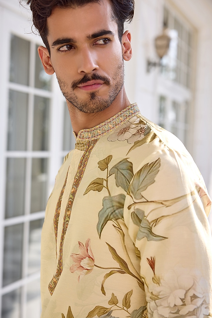 Ivory Chanderi Floral Kurta Set by Kalista Men at Pernia's Pop Up Shop