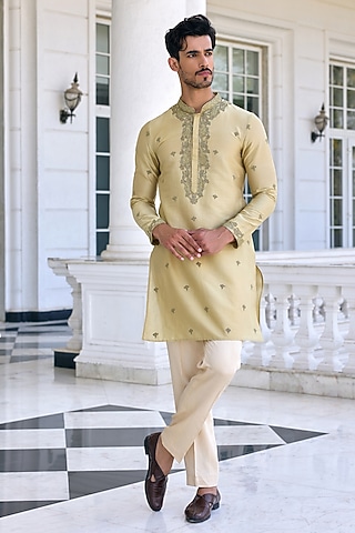 Light Mint Chanderi Thread Embroidered Kurta Set by Kalista Men