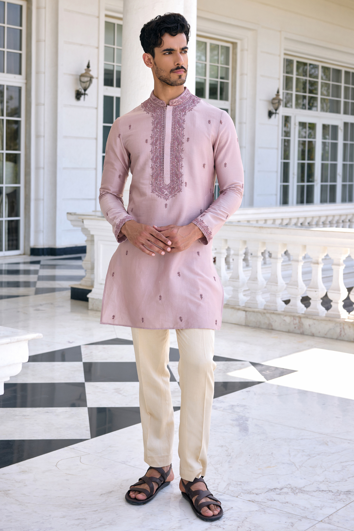 Dusty Mauve Chanderi Thread Embroidered Kurta Set by Kalista Men