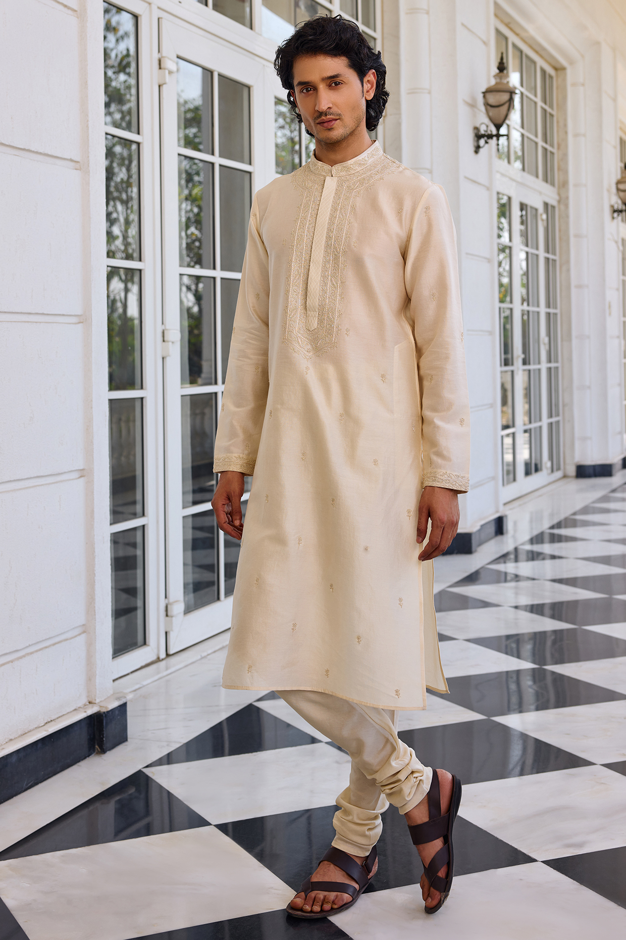Ivory Chanderi Thread Embroidered Kurta Set by Kalista Men