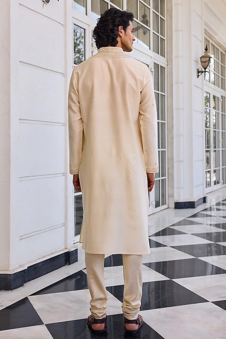 Ivory Chanderi Thread Embroidered Kurta Set by Kalista Men at Pernia's Pop Up Shop