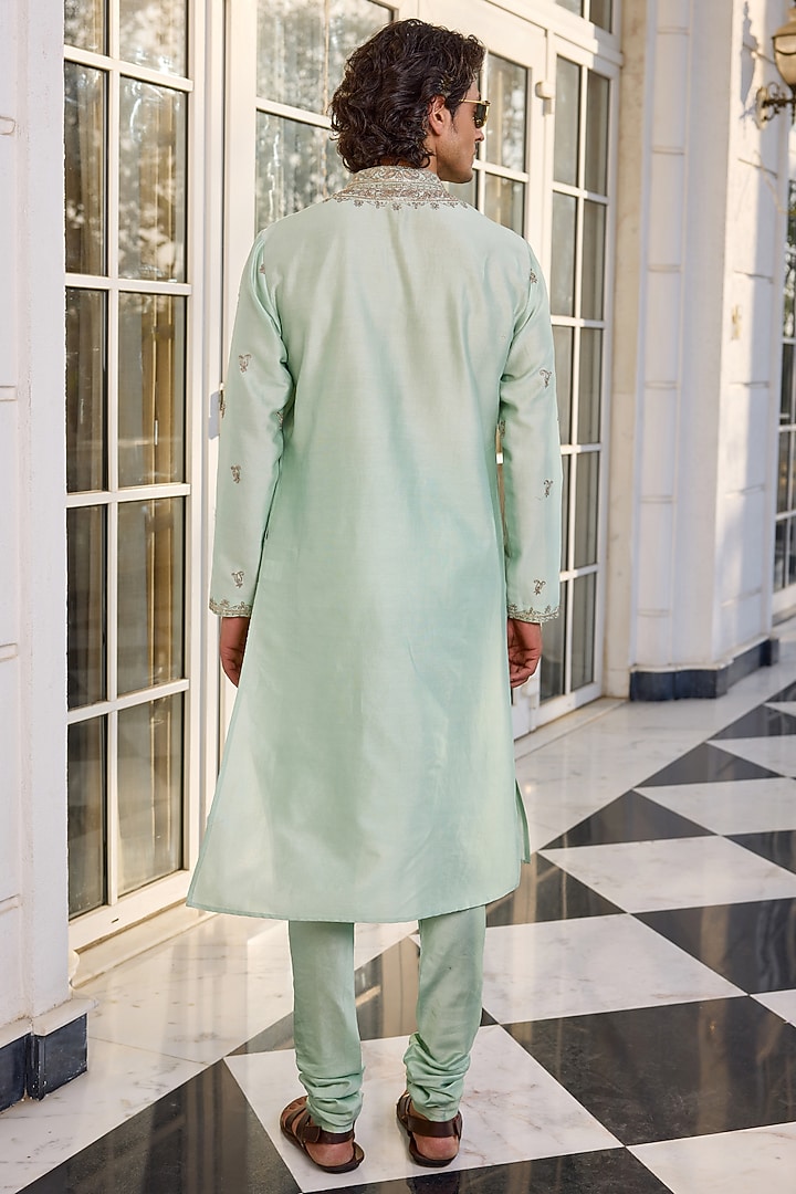 Mint Chanderi Thread Embroidered Kurta Set by Kalista Men at Pernia's Pop Up Shop